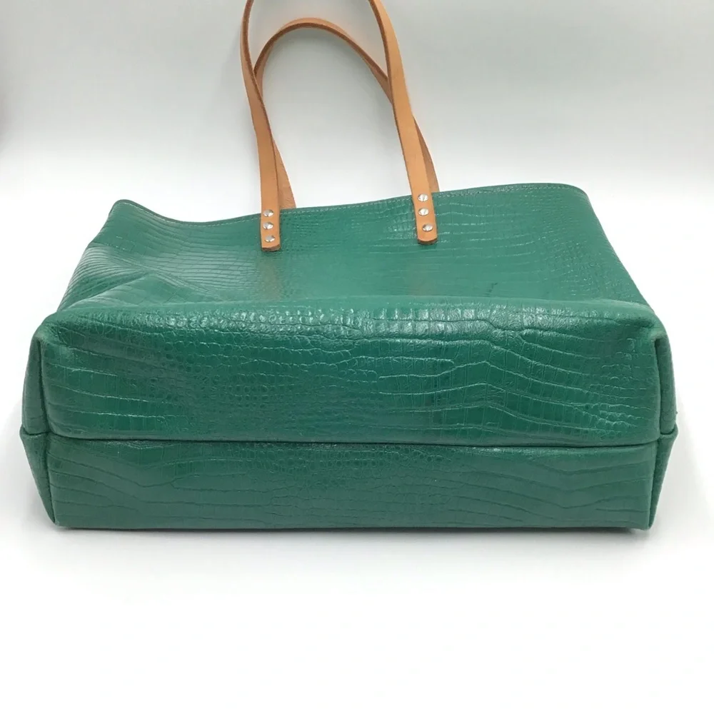 Handmade Tote Bag croc embossed green tan leather large handbag New